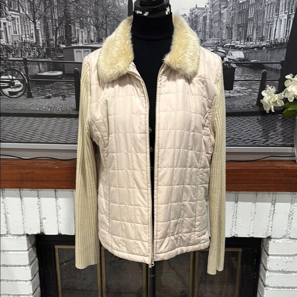 Carolyn Taylor Jacket XL Beige Ivory Cream Light Quilted Puffer with Faux Fur - Picture 1 of 10